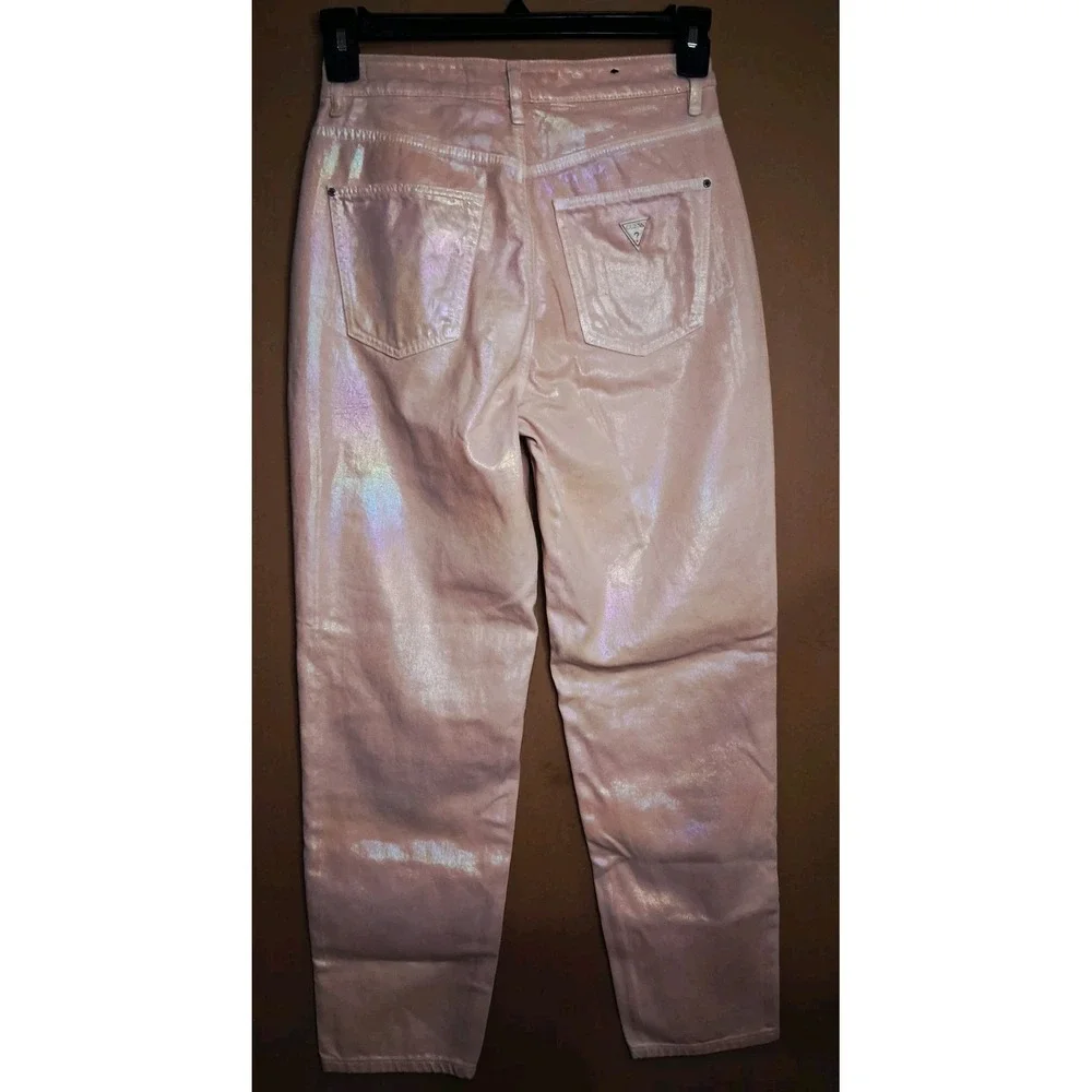 Guess Pink Mom Jeans Womens Size 28 High Waisted Tapered Metallic Rainbow 26x26